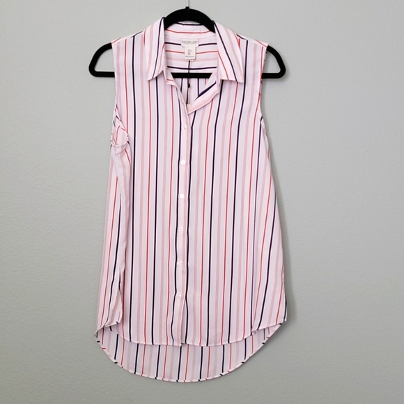 Rachel Zoe Office Striped button front sleeveless Shirttail Summer top large - Picture 1 of 10